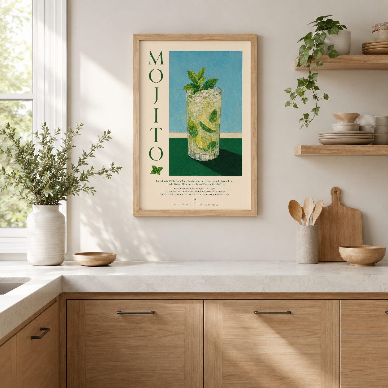 Mojito kokteyli tasarımı, ahşap çerçevede, modern mutfak dekorasyonunda nane yeşili ve turkuaz renkleriyle ferahlık katıyor.