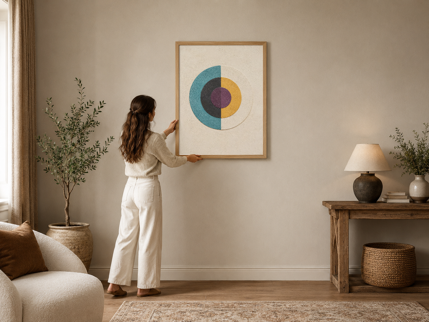 Geometrik daire deseniyle modern oturma odasını aydınlatan, canlı mavi sarı ve mor tonlu soyut sanat tablosu.