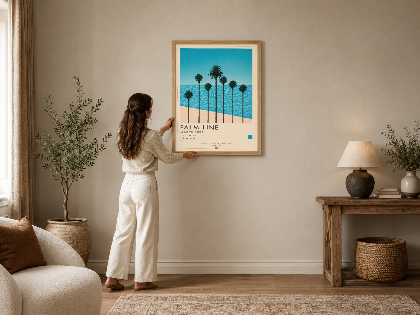 Turkuaz deniz ve palmiye ağaçları motifli, retro stil Palm Line posteri çerçeveli oturma odasında.