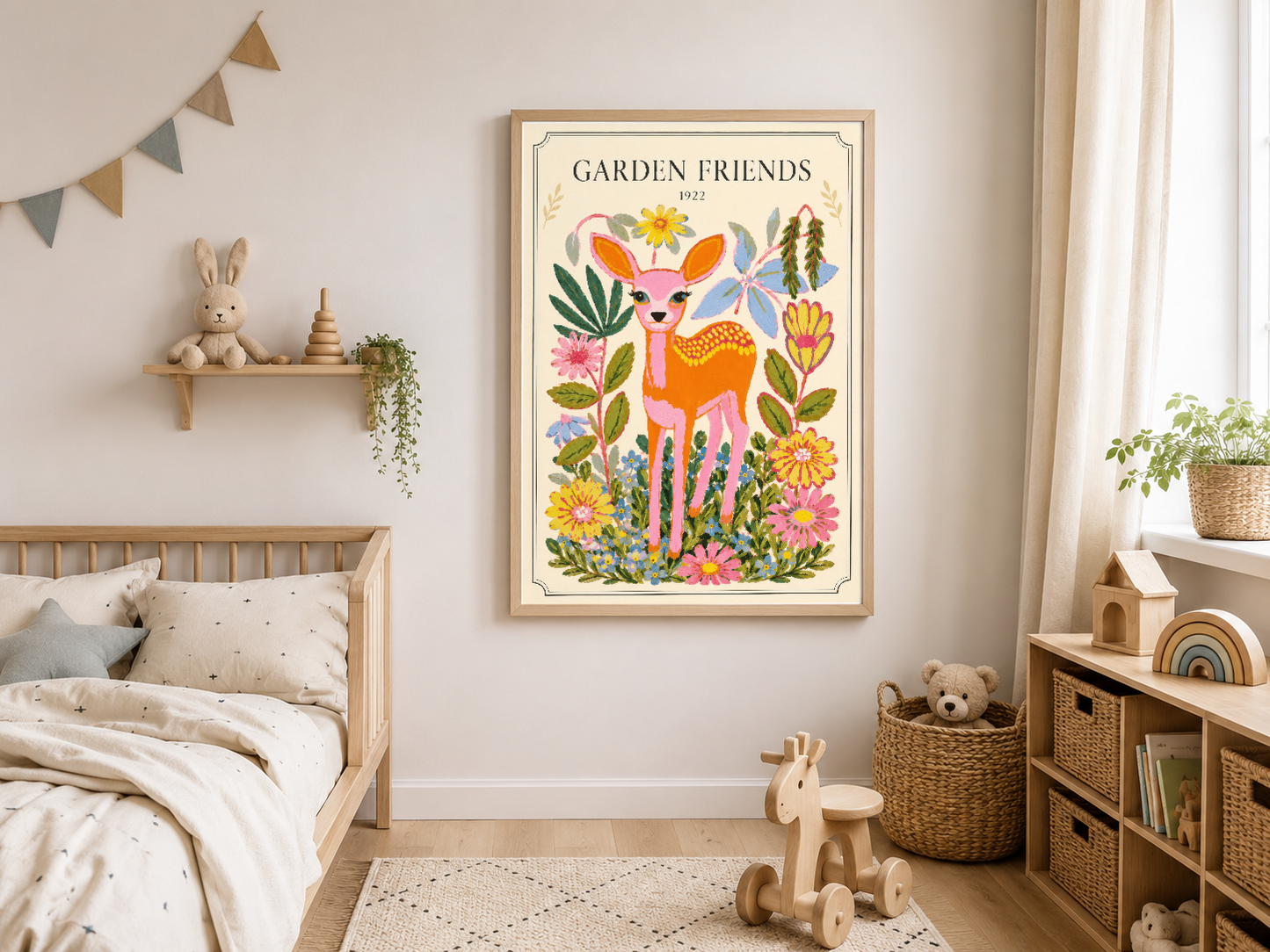 Renkli çiçekler arasında duran sevimli geyik figürünü tasvir eden vintage tarzı Garden Friends tablosu çocuk odasında.