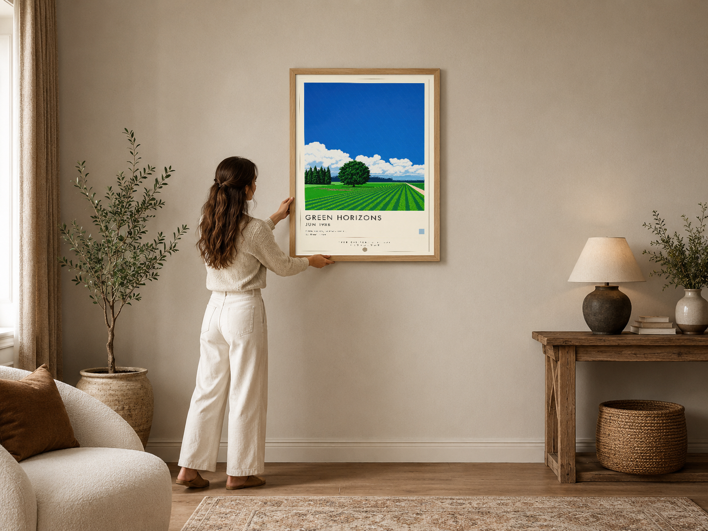 Yeşil tarlaların ve mavi gökyüzünün yer aldığı çerçeveli poster, modern oturma odasında kanepenin üstünde sergilenmektedir.