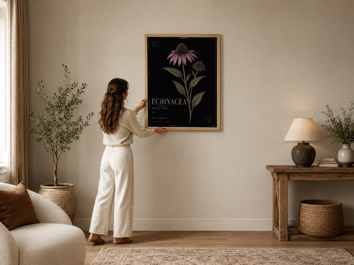Siyah arka fonda botanik echinacea çiçeği, altın detaylarla, modern oturma odasında çerçeveli.