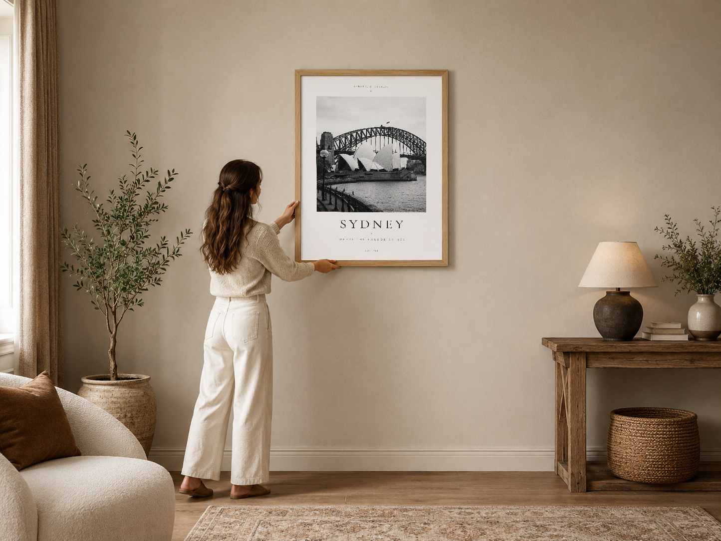Sydney Köprüsü siyah beyaz poster, ahşap çerçeveli, modern oturma odasında duvar dekorasyonu.