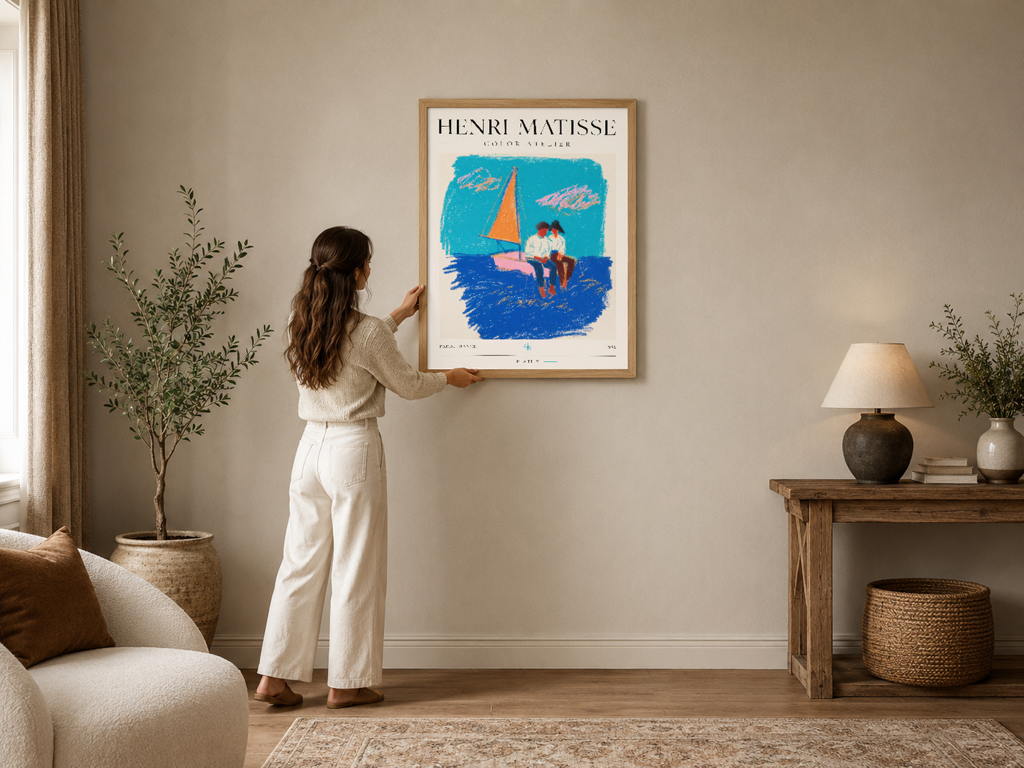 Matisse'in ikonik yelkenli tekne sahnesi, canlı turkuaz ve mavi tonlarında sanat poster, ahşap çerçeveli.