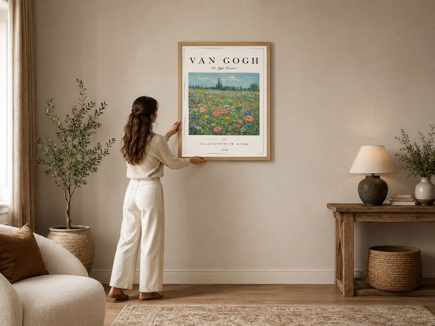 Van Gogh'un Wildflowers in Bloom tablosu, renkli çiçek tarlası motifleriyle modern bir oturma odasının duvarını süslüyor.