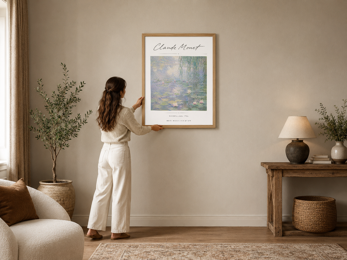 Claude Monet'nin ikonik Nilüfer Havuzu tablosu, sıcak tonlu modern bir oturma odasında ahşap çerçevesiyle duvar sanatı olarak