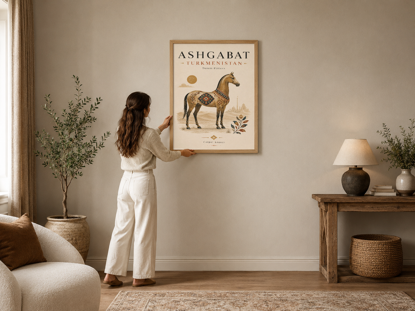 Ashgabat Türkmenistan temalı, etnik desenli at motifli poster modern oturma odasında çerçeveli.