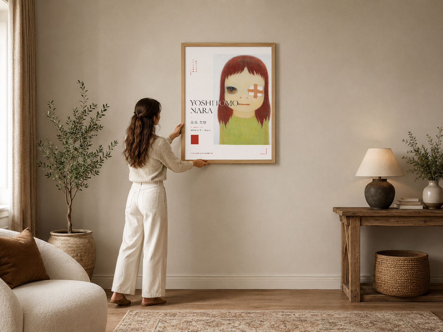 Kırmızı saçlı portre, limon yeşili elbise ve geometrik detaylarla minimalist Japon sanat stilinde tasarlanmış poster.