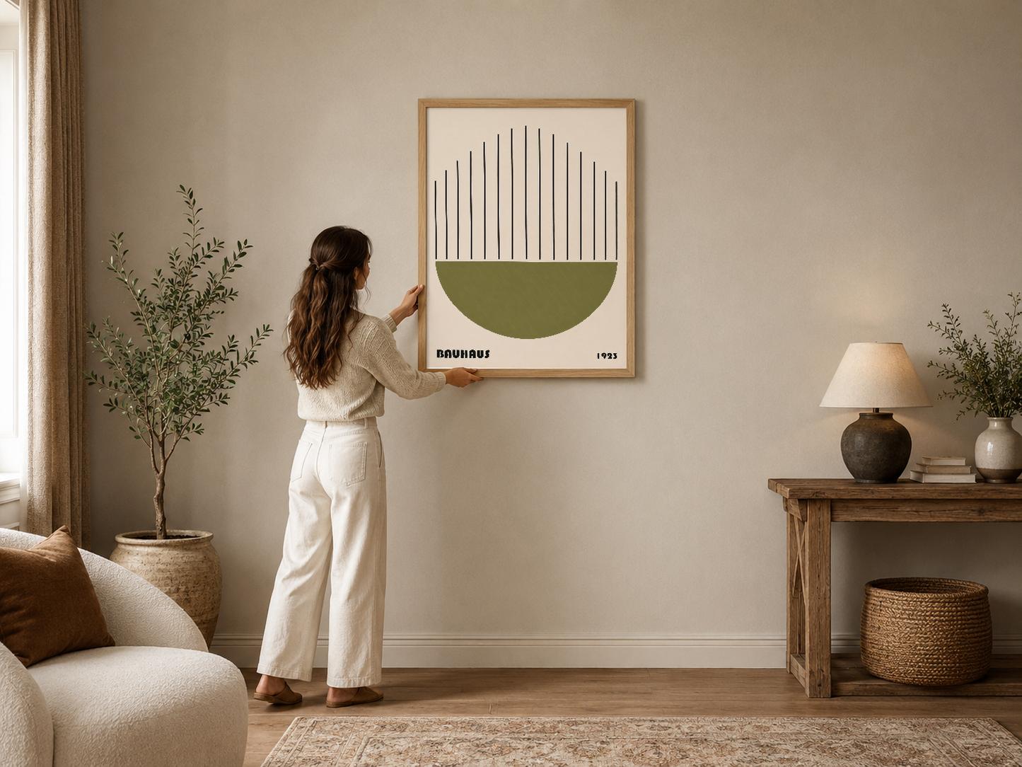 Bauhaus tarzı soyut tasarım, dikey çizgiler ve zeytin yeşili yarım daire motifiyle modern oturma odasını şekillendiren zarif