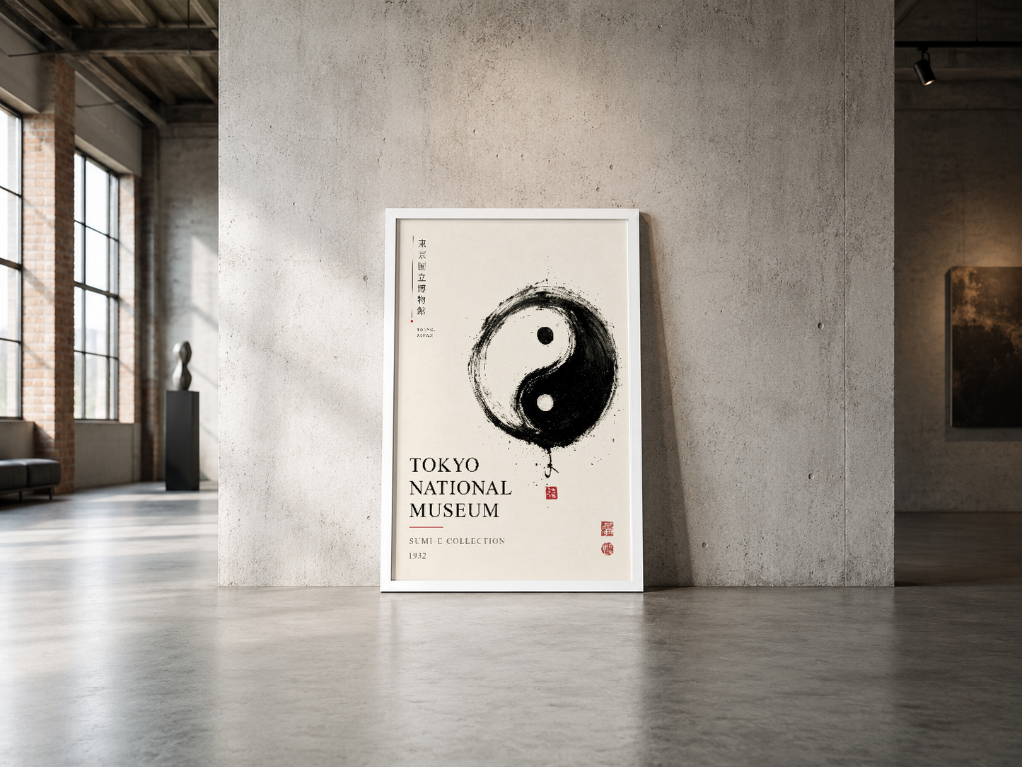 Minimalist yin-yang grafiği ve Japon karakterleri içeren Tokyo Müzesi tablosu, endüstriyel mekan için sanat.