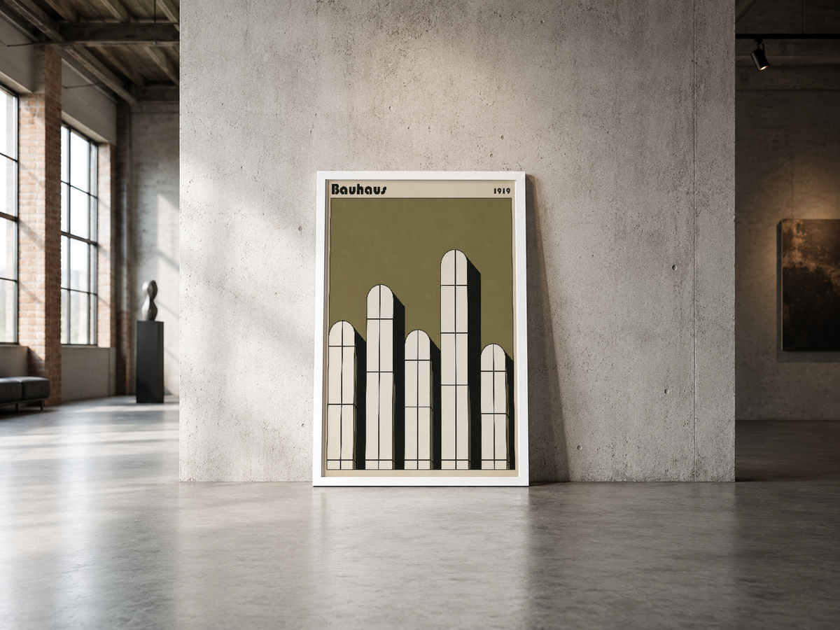 1919 Bauhaus poster, endüstriyel mekanda minimalist pencere motifi ve natürel ışık ile sergilenen sanat eseri.