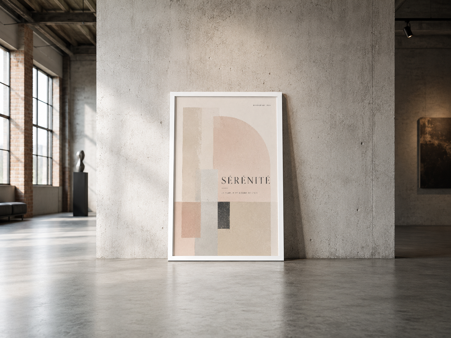 Pastel renkli soyut poster, endüstriyel iç mekanda zarif ve modern bir estetik sunar.