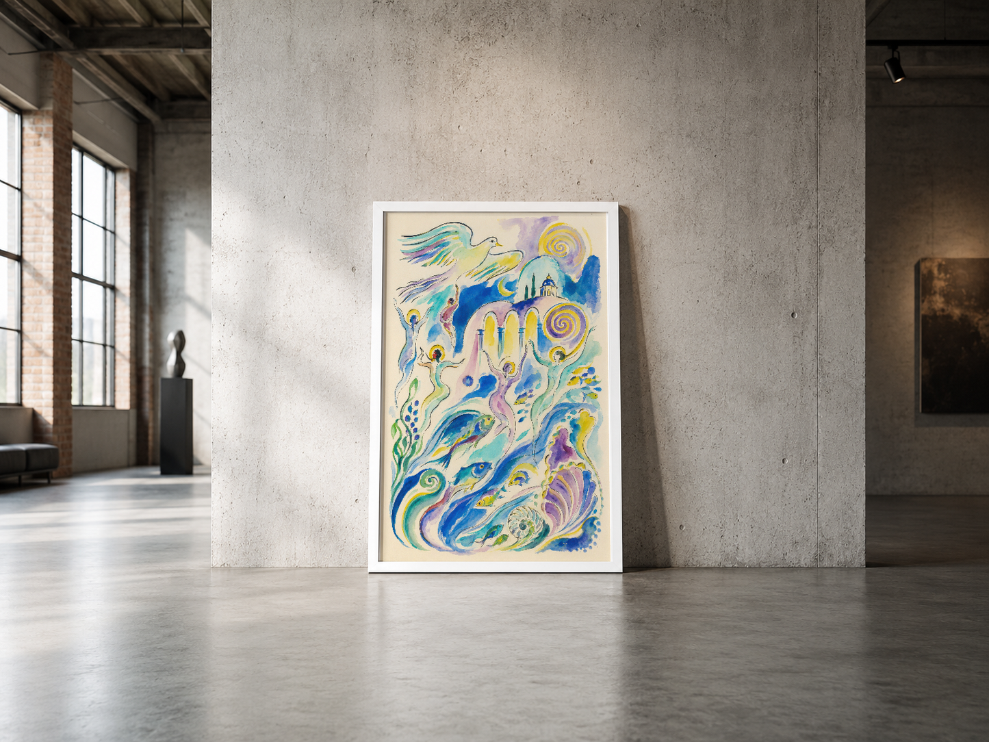 Mavi, sarı ve mor tonlarında fantastik kuş figürü ve spiral desenler içeren modern poster.