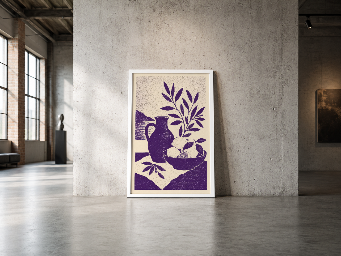 İndigo tonlarında botanik motifli poster, çanak, sürahi ve meyve ögelerinin soyut bileşimini sunmaktadır.