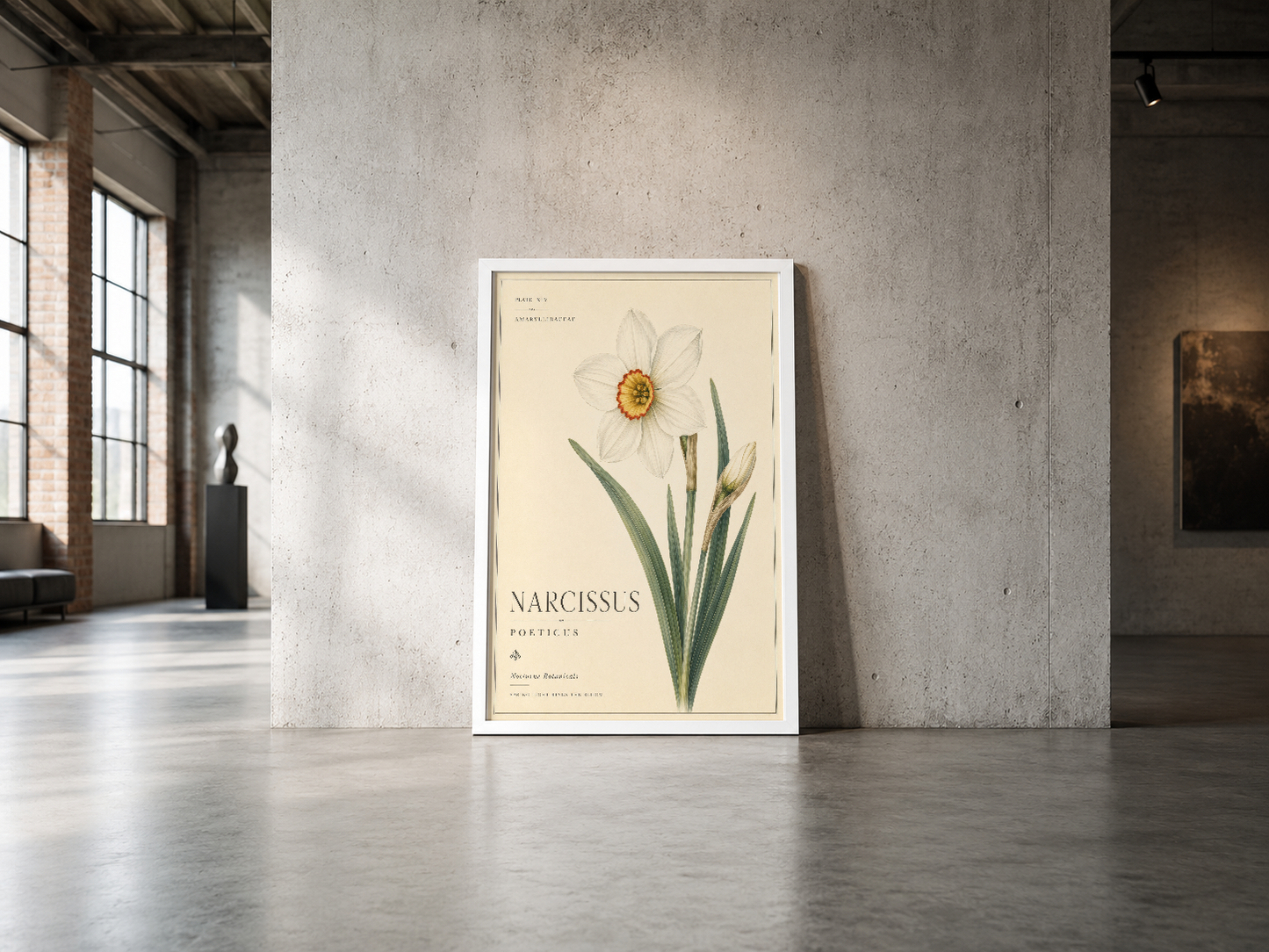 Beyaz çerçeveli nergis ilustrasyonu, endüstriyel alanlara uygun minimalist tasarımıyla sergilenmektedir.