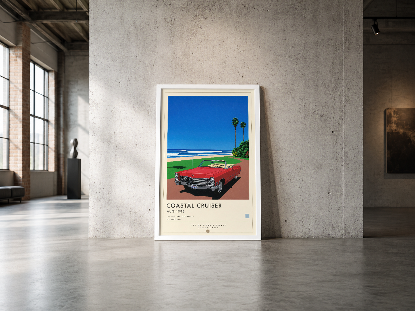 Kırmızı cabriolet arabası ve palmiye ağaçları motifli retro tarzı duvar posteri, endüstriyel beton mekanda.