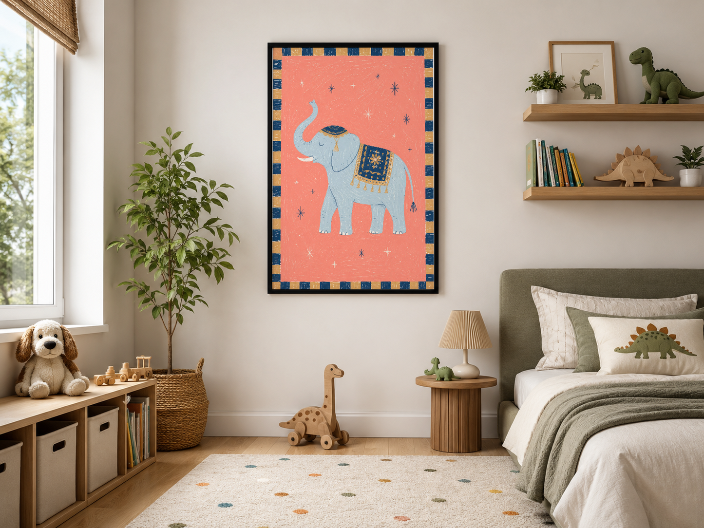 Siyah çerçeveli, mercan tonlu fil tasarımlı poster modern yaşam alanlarında şık bir dekorasyon çözümü.