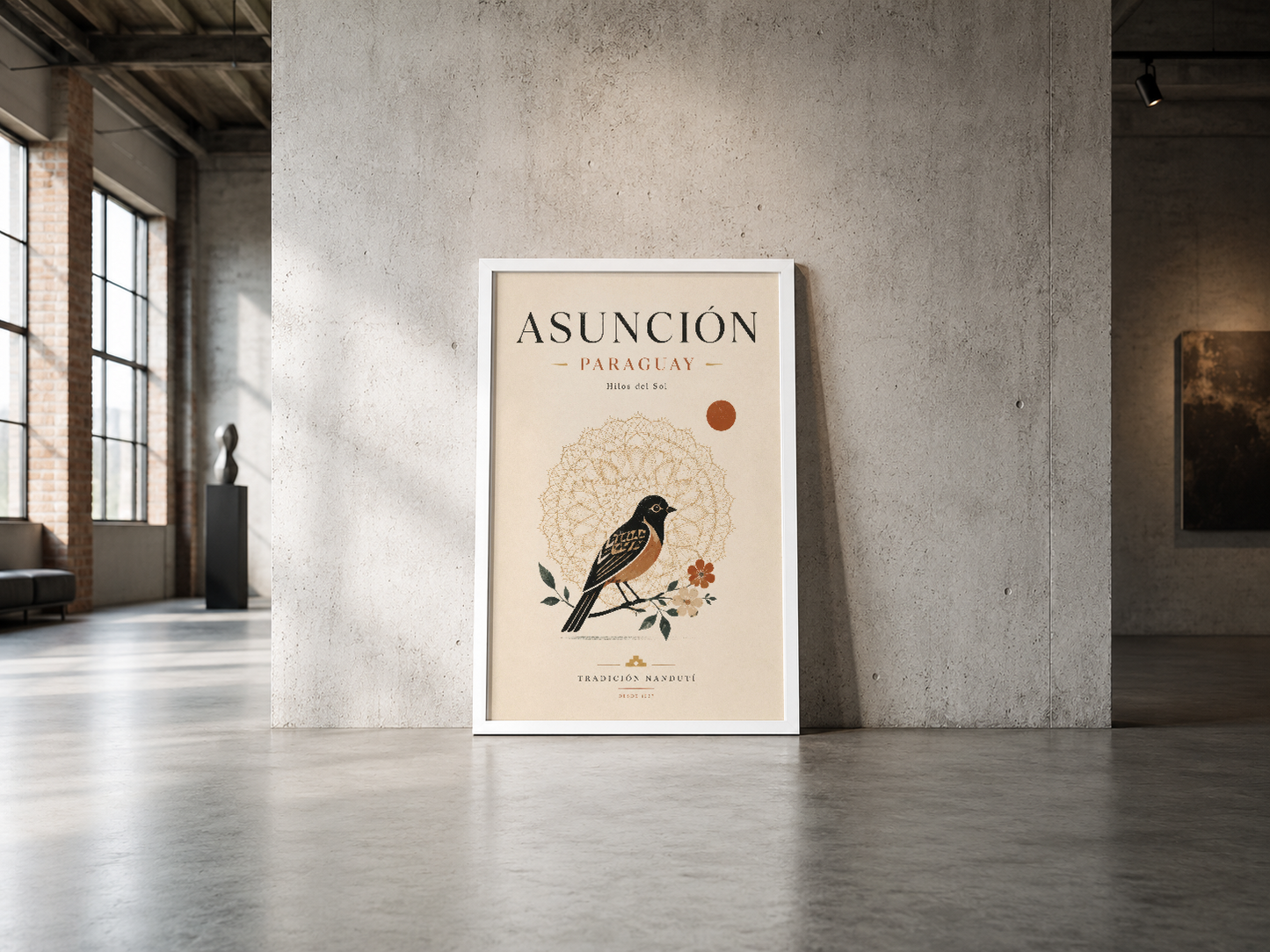 Asunción Paraguay posteri, minimalist beyaz çerçevede endüstriyel mekanda sanat sahnesi.