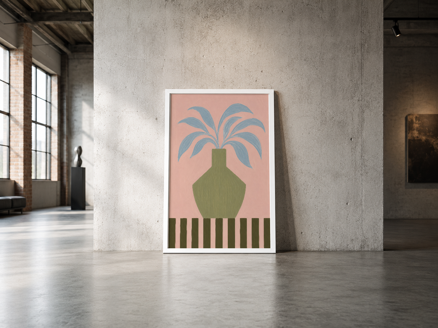 Minimalist pembe ve yeşil baskı, soyut bitki motifi ve çizgili desen içeren şık duvar sanatı.