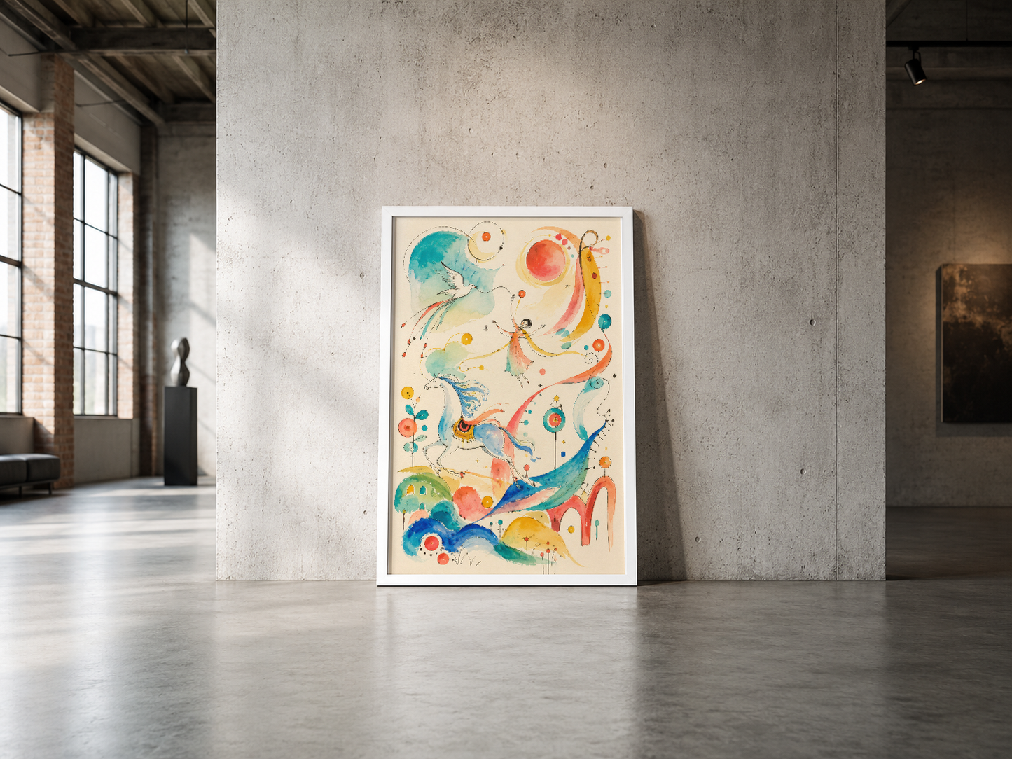 Su rengiyle boyanmış fantastik karakterler ve geometrik formlardan oluşan özgün tasarımlı poster, endüstriyel mekan