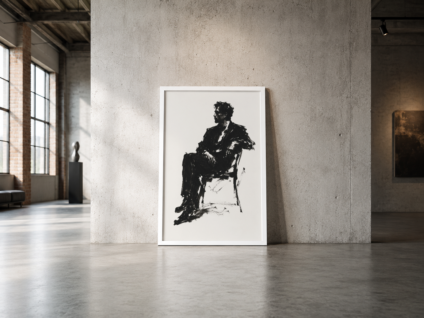 Minimalist siyah ve beyaz sanat poster, endüstriyel beton duvarlı geniş galerya mekanında sergileniyor.
