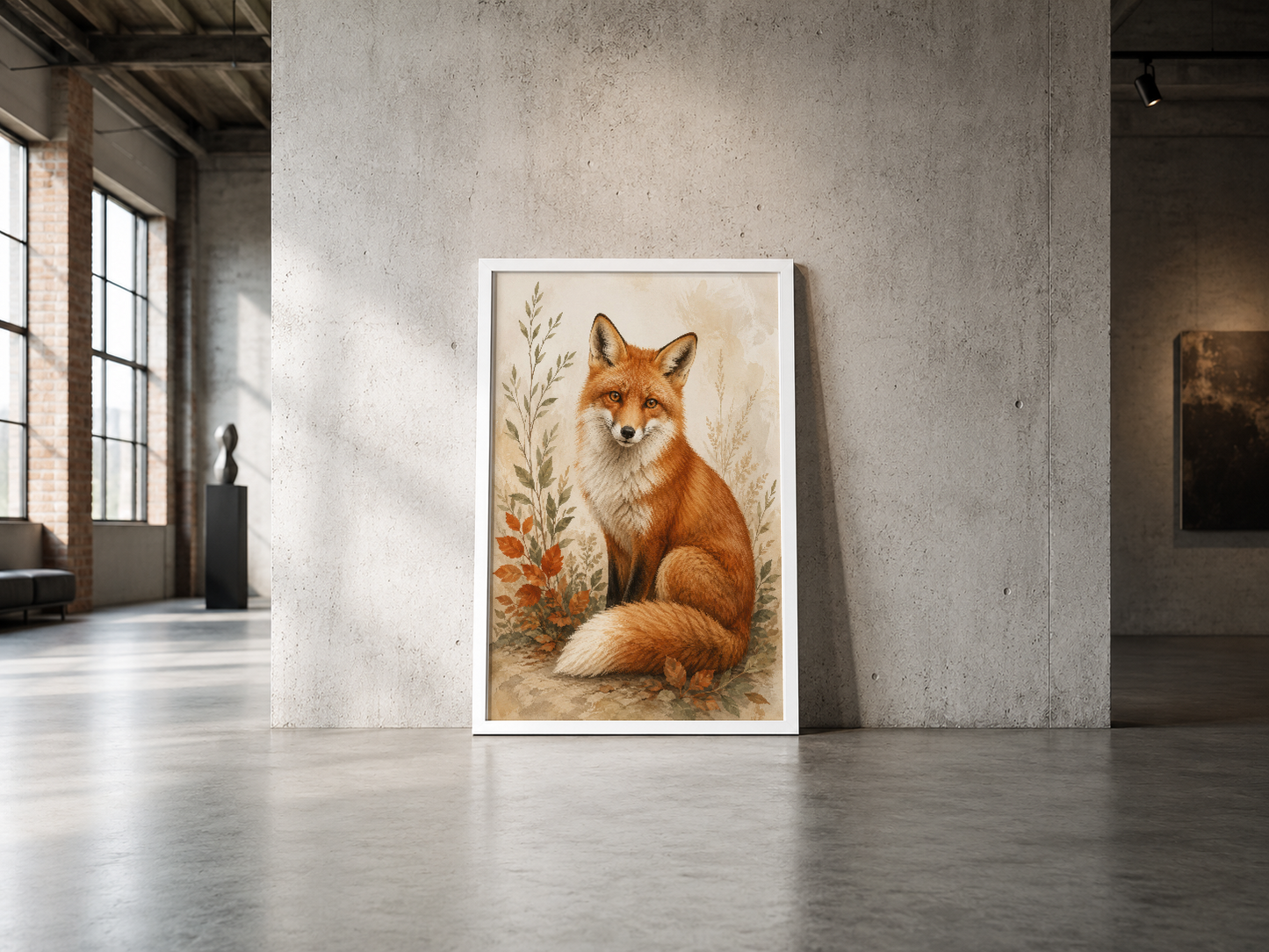 Beyaz çerçeveli modern galeri görünümü, boş betonda asılı zarif tilki illustrasyonu.