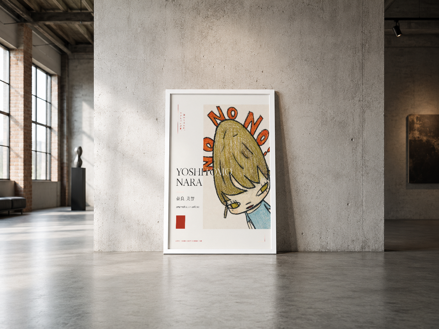 Yoshitomo Nara imzalı illüstratif poster, minimalist endüstriyel mekanda sergilenen sanat eseri, beyaz çerçeveli.