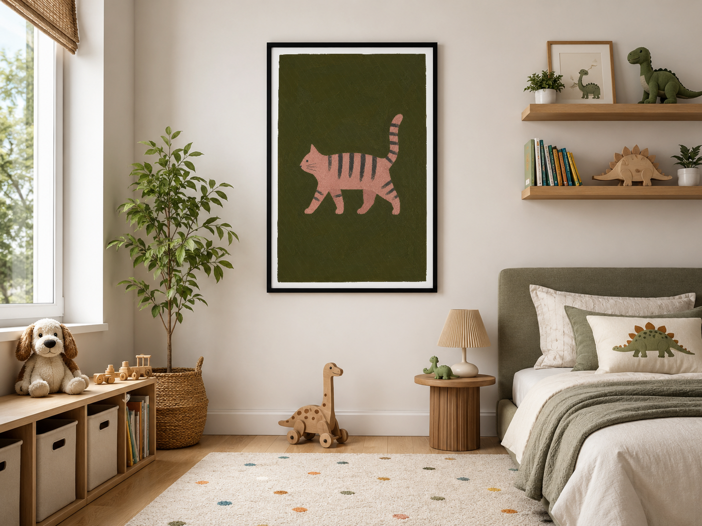 Yürüyen pembe çizgili kedi, koyu yeşil arka plan, siyah çerçeveli poster.