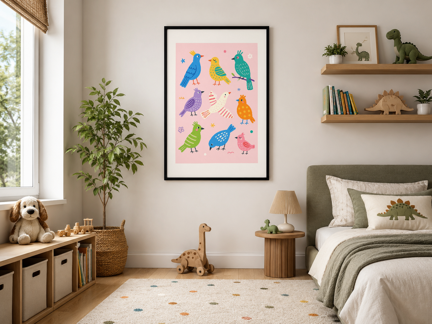 Siyah çerçeveli, pembe zeminde eğlenceli kuş ilustrasyonları barındıran modern çocuk odası tablosu.