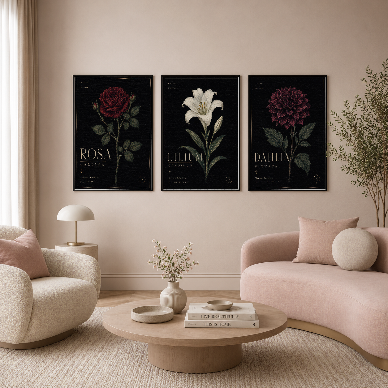 Gül, lale ve şakayık desenleriyle modern minimalist tarzda çerçeveli üç panel tablo, oturma odasında.