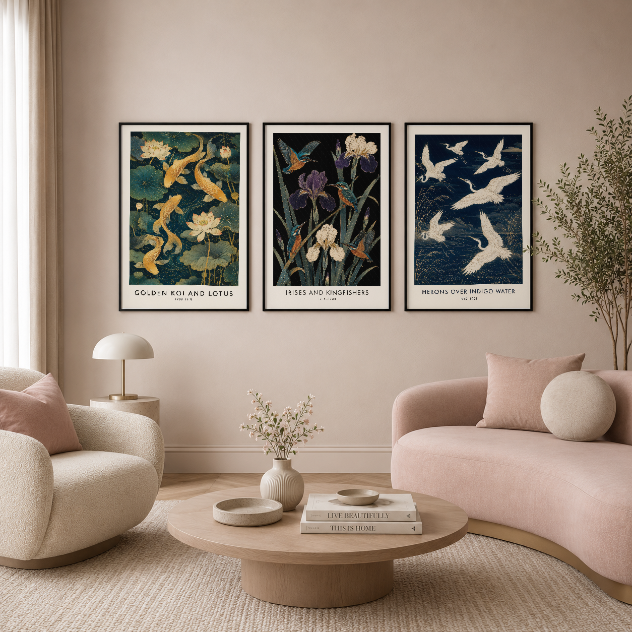 Modern oturma odasında, pembe ve krem mobilyaları arasında, doğa temalı üç poster panelinden oluşan dekoratif duvar sanatı.