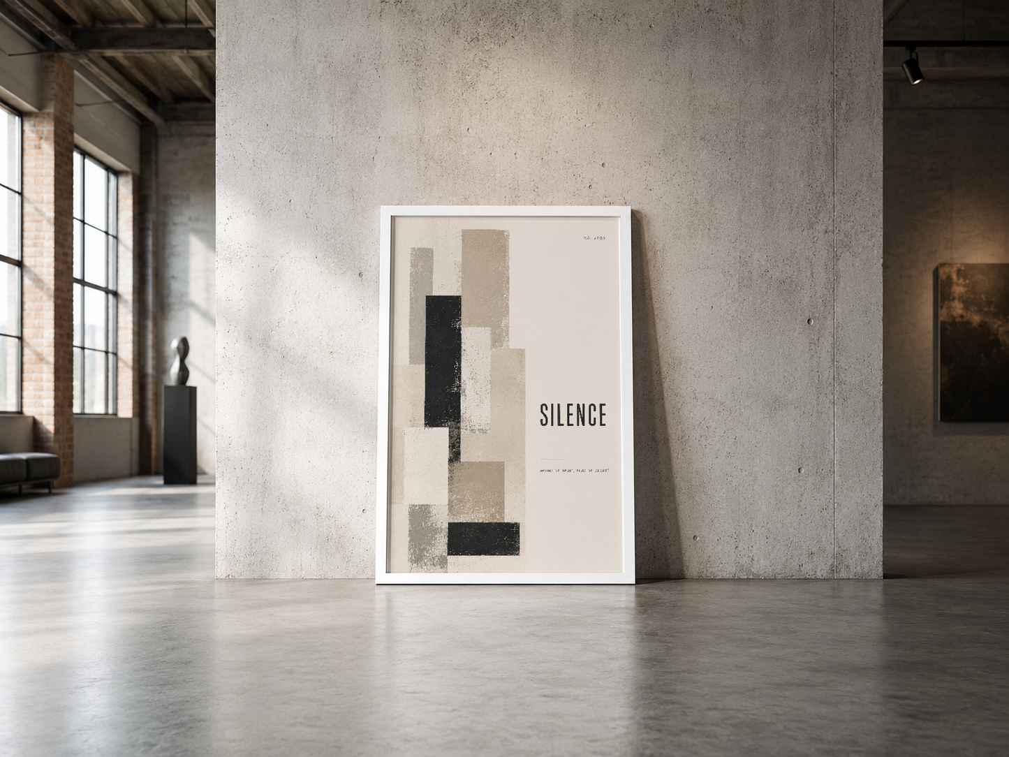 Nötr tonlarda soyut bloklar ve SILENCE metniyle yapılmış, endüstriyel mekanlara uygun modern poster.