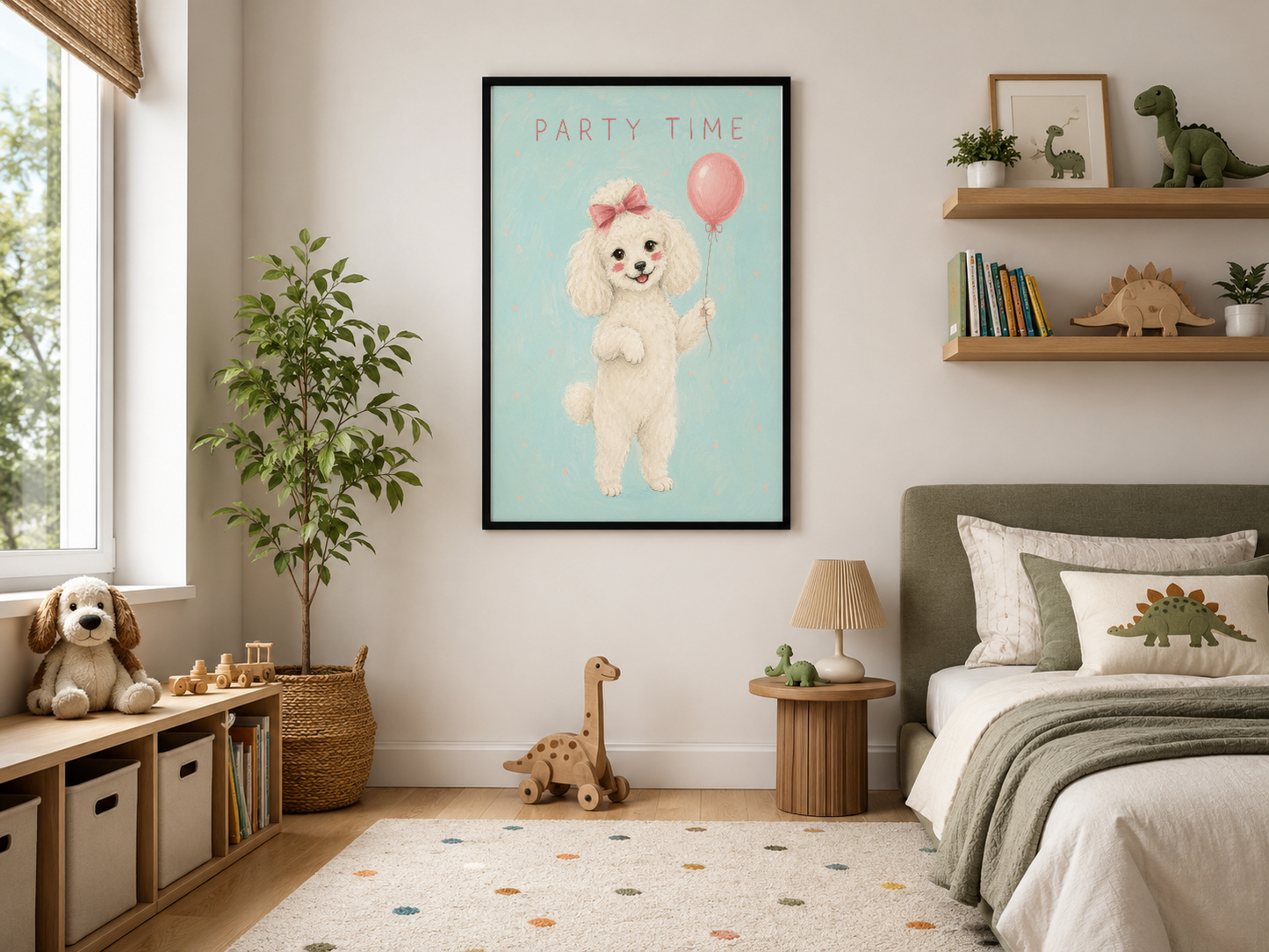 Şenlikçi pudle portresi pembe balonla, turkuaz arka funda, siyah çerçevede yatak odasının duvarında.