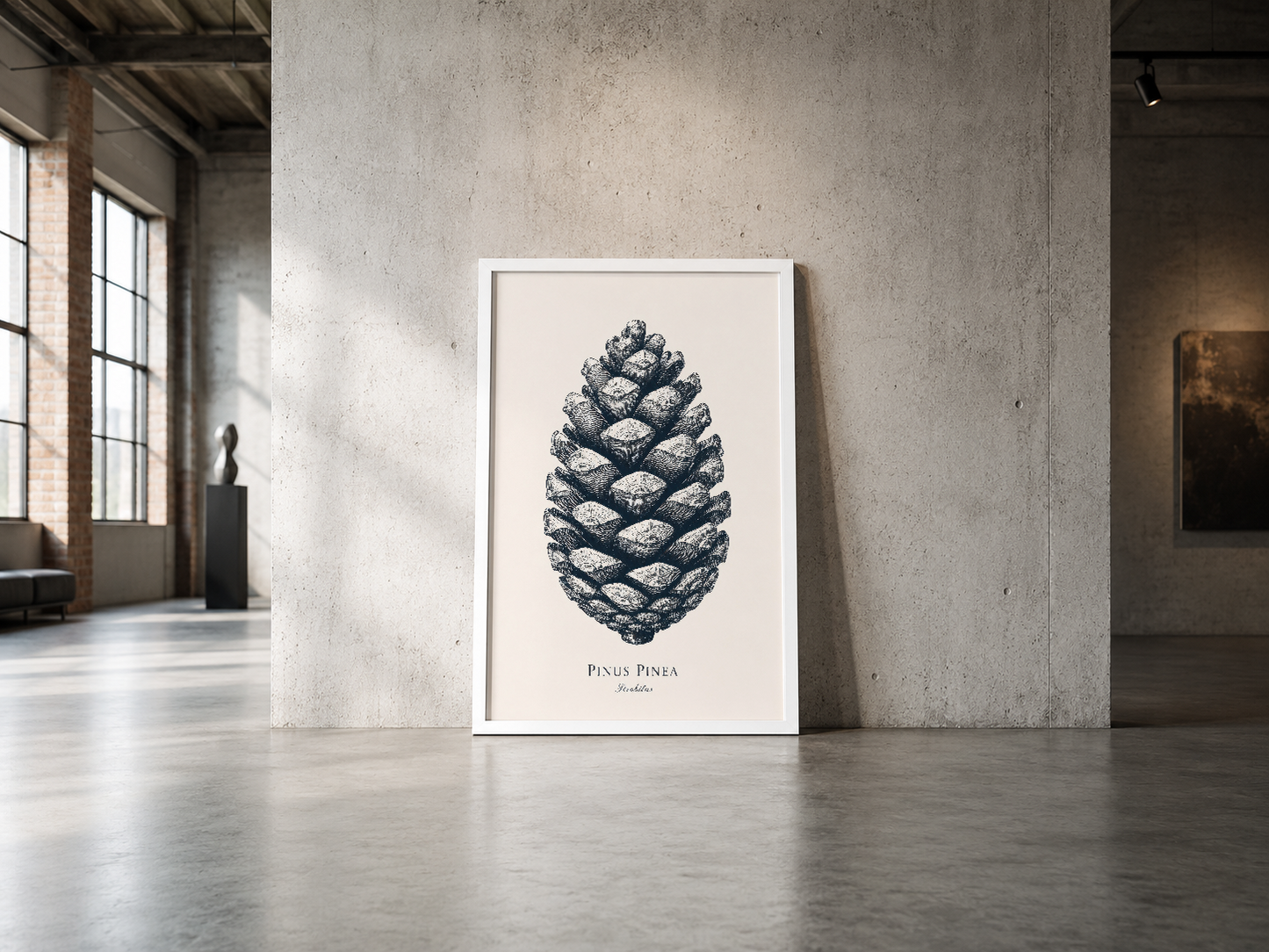 Pinus Pinea botanik illüstrasyonu, beyaz çerçeveli poster endüstriyel mekânda sergilenmektedir.