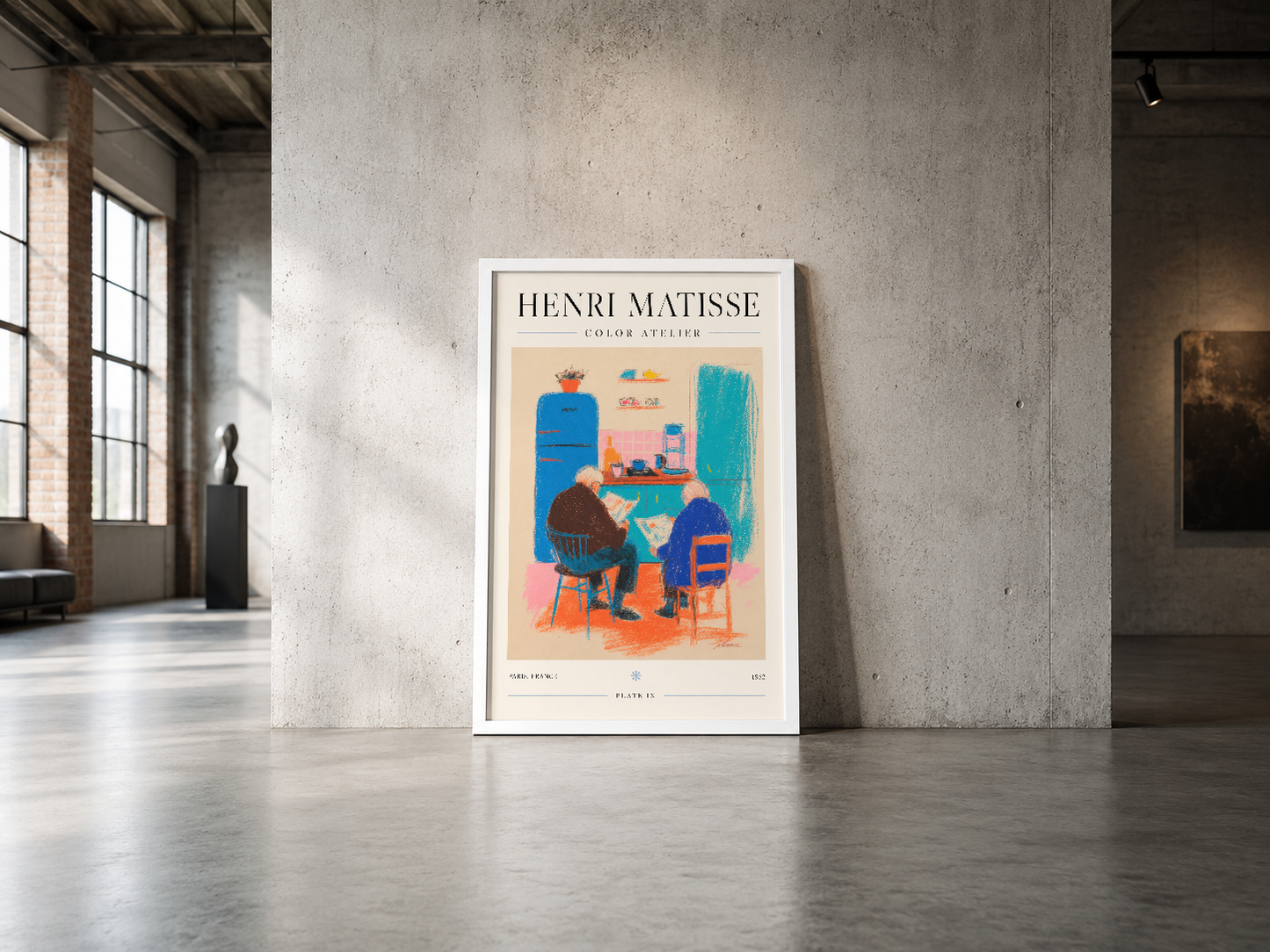 Henri Matisse Color Atelier posteri, beyaz çerçeveli, endüstriyel mekanda beton duvar üzerinde yer alan contemporary sanat