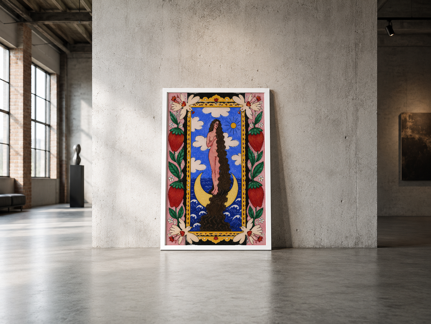 Ay sembolü ve floral bordür detaylı sanat tablosu, koyu mavi arkaplan, endüstriyel mekanda minimalist sunumu.