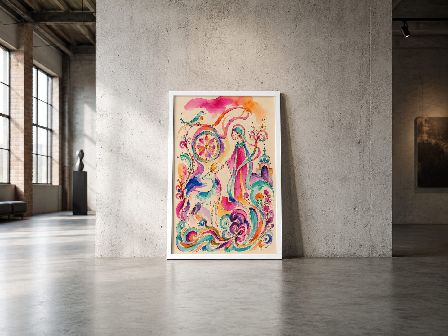 Pembe, turuncu ve mavi tonlarında fantastik figürler içeren sanatsal poster, endüstriyel mimarinin yanında.