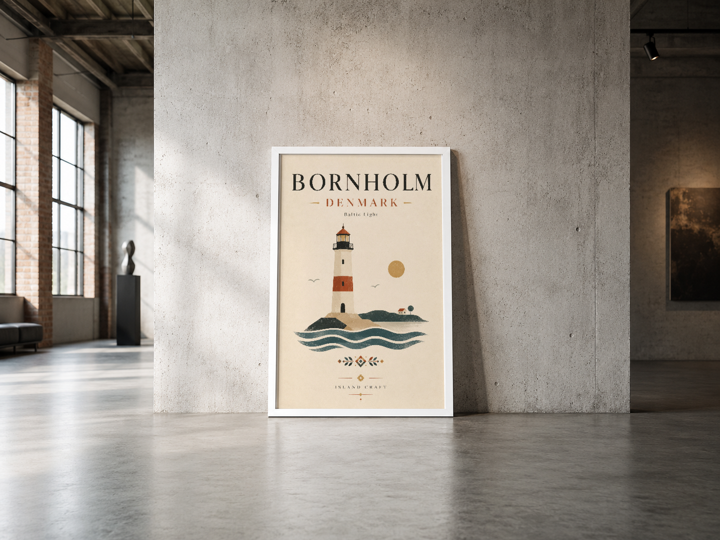 Krem rengi zemin üzerine çizilmiş Bornholm fenerı ve adacık motifleriyle sakin, endüstriyel mekanı süsleyen poster.