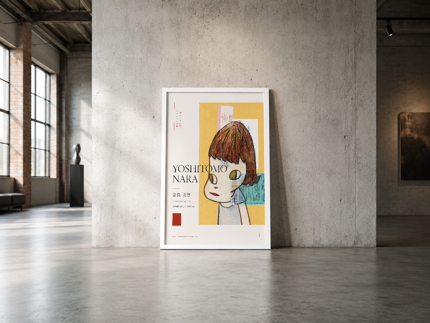 Minimalist tasarımla kahverengi saçlı portre ve Yoshitomo Nara imzalı soyut poster, endüstriyel mekan estetisine uygun.