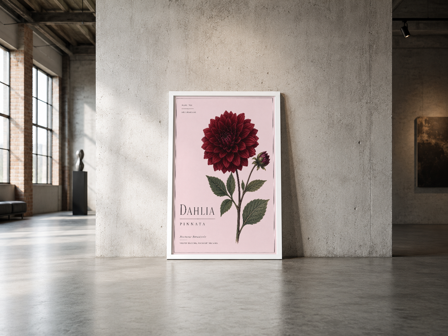 Pembe arka fonda zarif dalia tasarımı, beyaz çerçeveli poster, endüstriyel mekan ortamında duvar dekorasyonu.