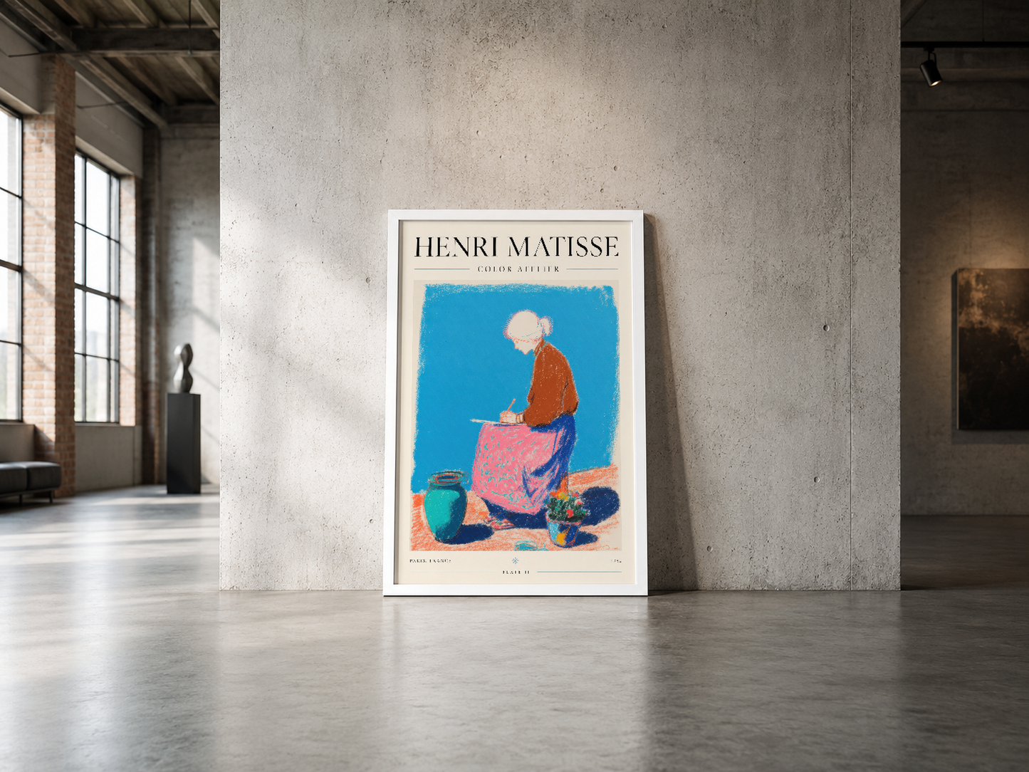 Matisse'in renkli figüratif çalışması, beyaz çerçevede, endüstriyel iç mekânda duvar dekorasyonu olarak konumlandırılmış.