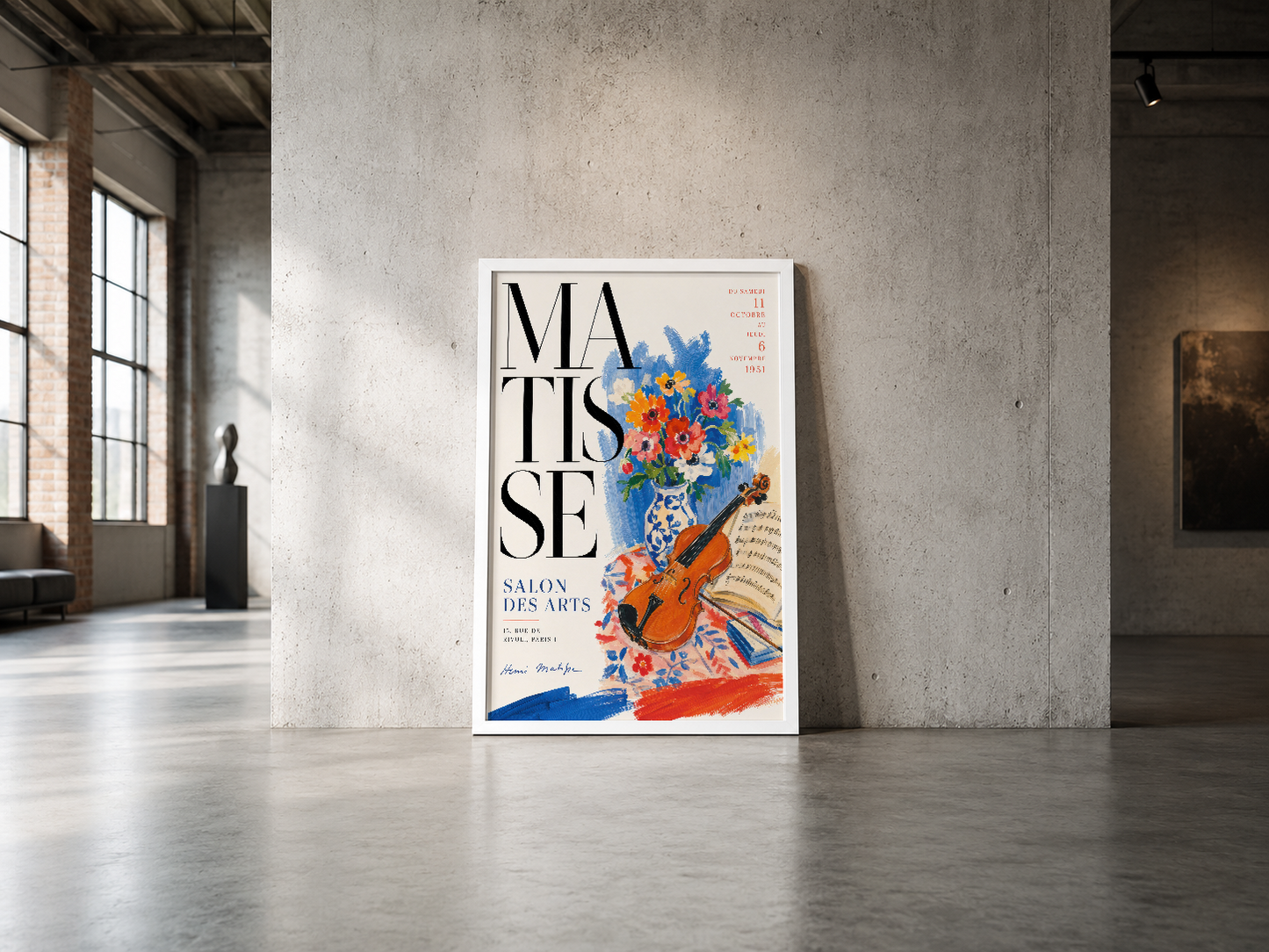 Matisse Salon des Arts vintage afişi, canlı renkleri ve sanatsal detaylarıyla endüstriyel mekânda.