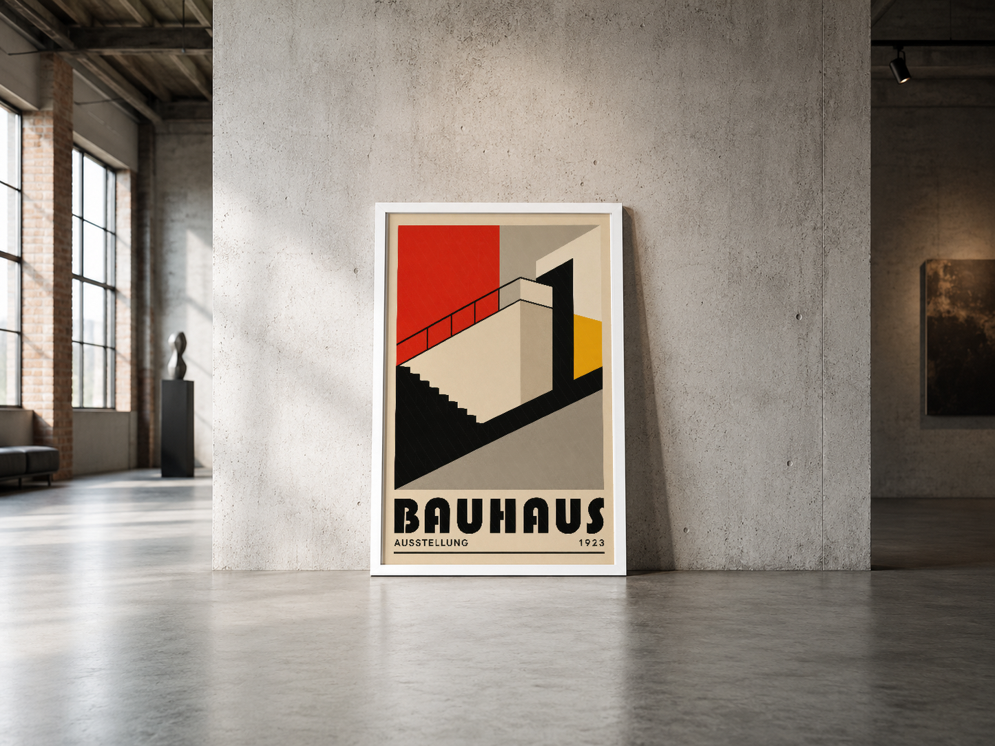 Soyut tasarımıyla Bauhaus hareketini temsil eden poster; endüstriyel mimariye referans veren kırmızı merdivenli ikonografik