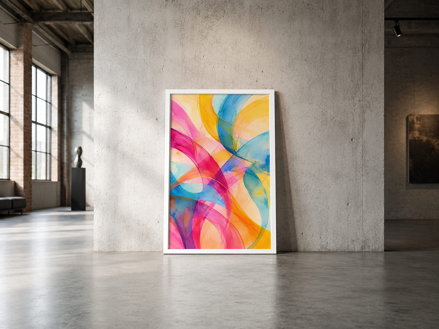 Çok renkli geometrik desenli poster, beyaz çerçeveli, endüstriyel beton duvar arka planında dikkat çekici görsel odak noktası