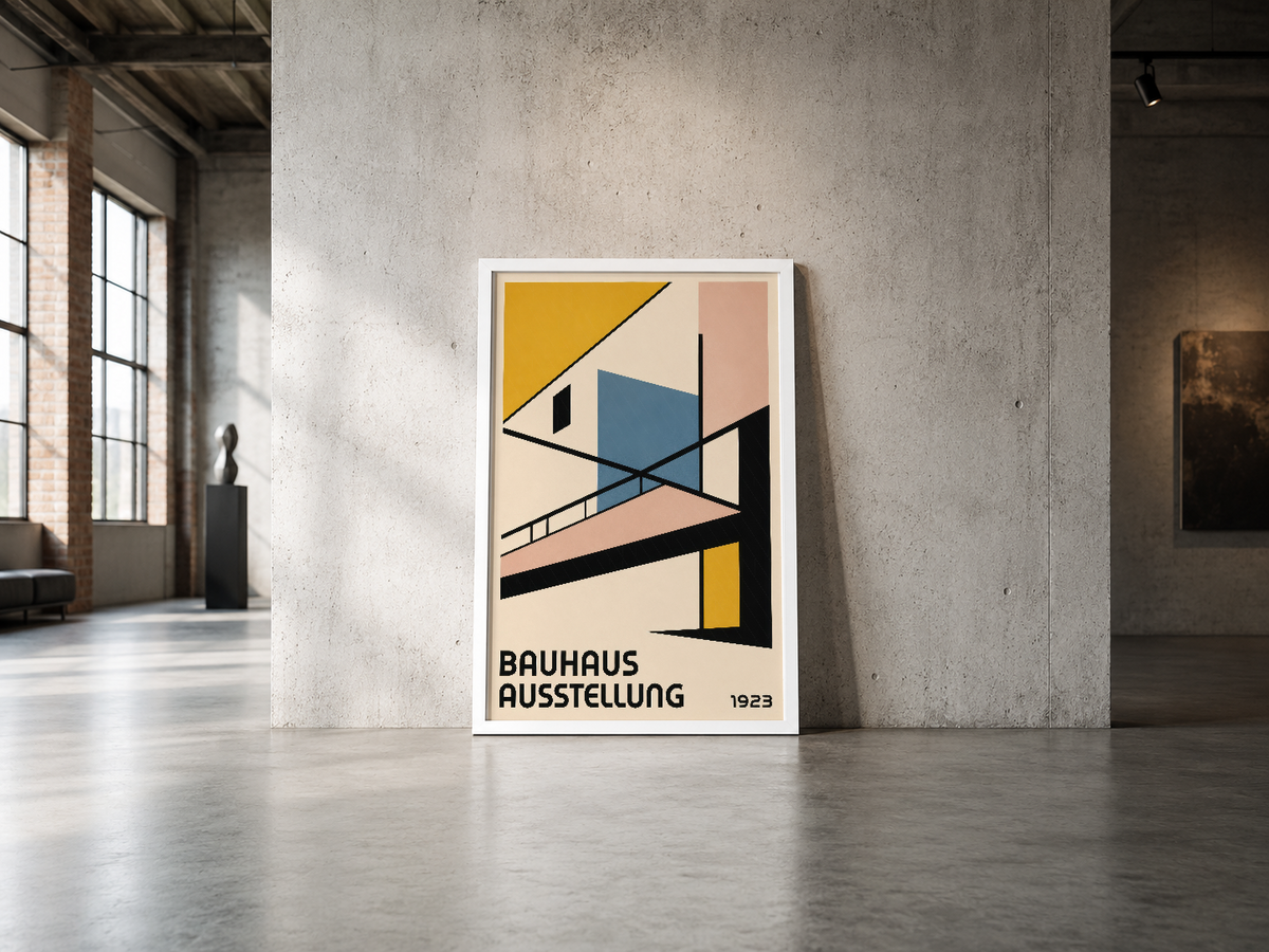 Siyah çerçeveli Bauhaus poster, endüstriyel mekanda yapılandırmacı tasarım ve soyut geometri.