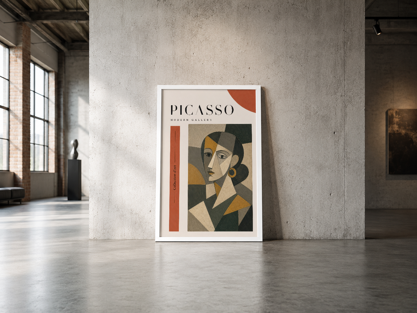 Picasso Modern Gallery posteri, geometrik yüz tasarımı ve terracotta aksanlarıyla endüstriyel alanları zarif hale getirir.