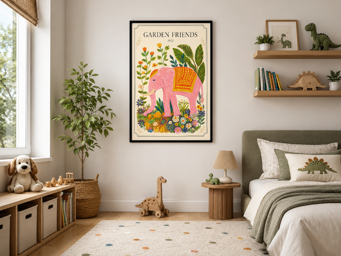 Siyah çerçevede Garden Friends tasarımı, doğal ahşap mobilyalarla dekore edilmiş modern çocuk odasında.