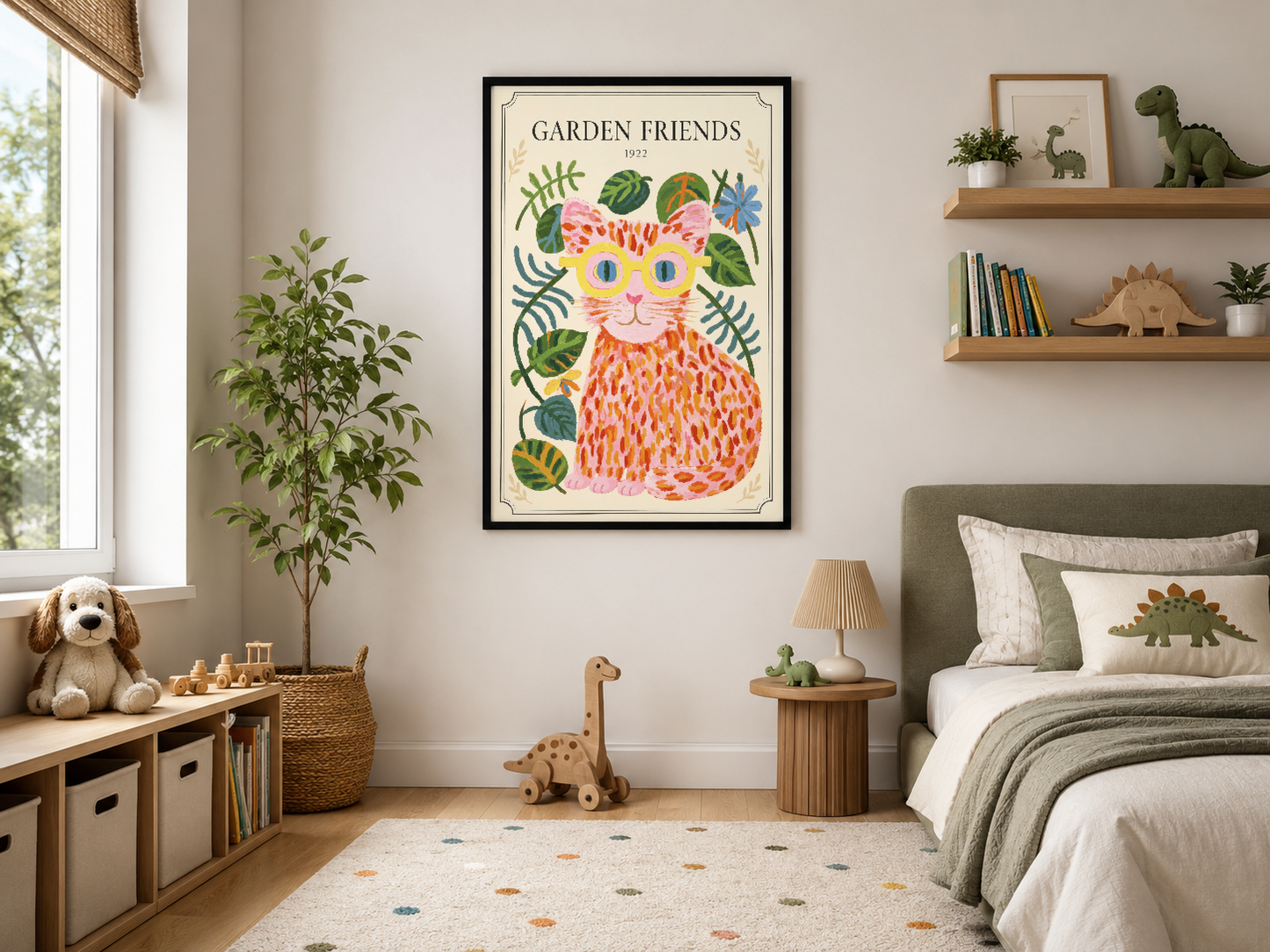 Garden Friends temalı kedisi çiçeklerle bezeli sanat tablosu, siyah çerçeveli, modern yaşam alanında.