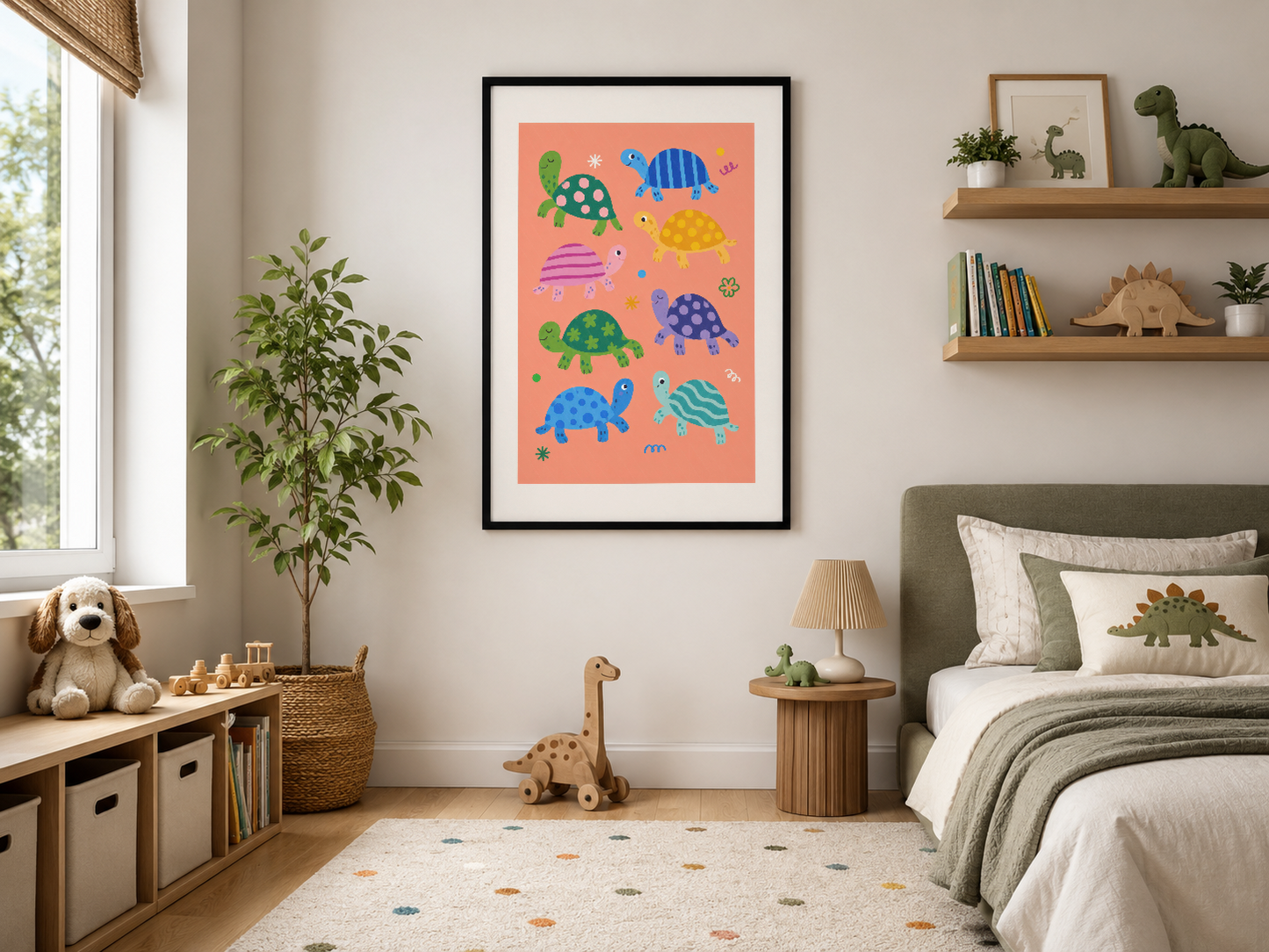 Siyah çerçeveli, neşeli kaplumbağa illüstrasyonlu poster modern çocuk yatak odasının duvarında.