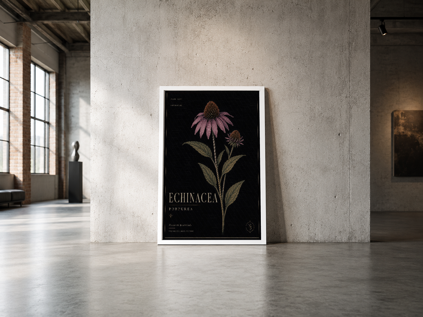 Echinacea purpurea tasarımı, beyaz çerçeve, endüstriyel beton duvar dekorunda sanat eseri.